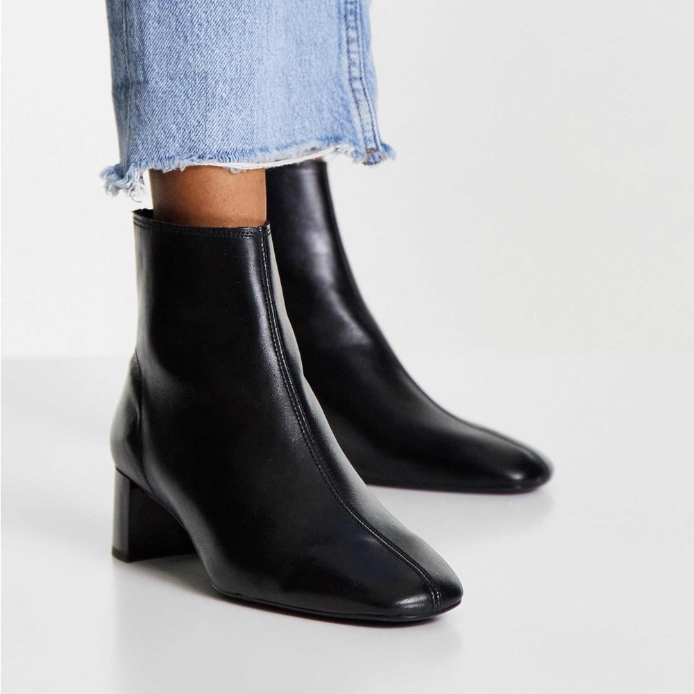 Mango‎ | leather ankle mid heeled boots Round toe black 38